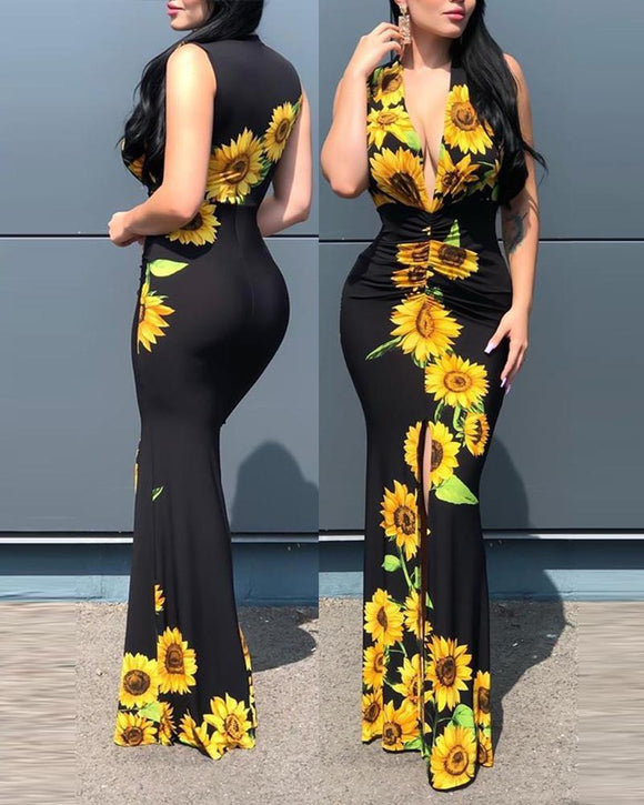 Deep V-Neck Plunge Sunflower Print Slit Maxi Dress