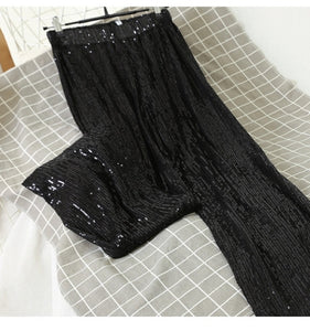 Full Sequined Wide Leg Elastic Waist Pants