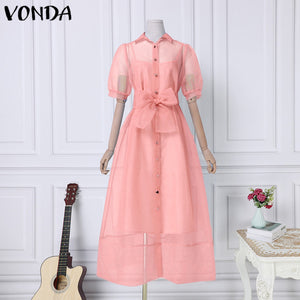 Pleated Puff Sleeve Lapel Collar Button Up Sundress-PS