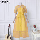 Pleated Puff Sleeve Lapel Collar Button Up Sundress-PS