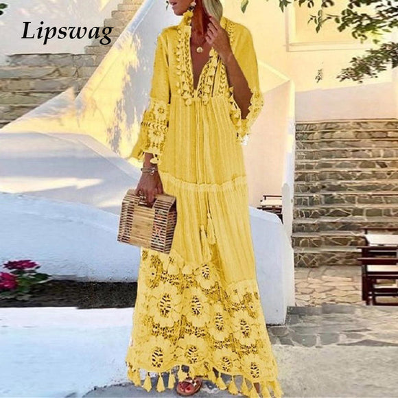 Lace Long V-Neck Tassel Maxi Beach Dress-PS