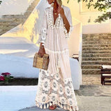 Lace Long V-Neck Tassel Maxi Beach Dress-PS