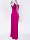 Satin V Neck Maxi Spaghetti Strap Sleeveless Backless Side Split Long Dress