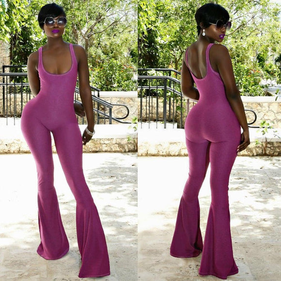 U Neck Sleeveless Backless Long Flare Pant Jumpsuit