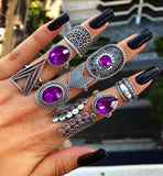 9 PCS/SET Vintage Big Purple Crystal Crown Star Rings Set