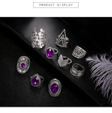 9 PCS/SET Vintage Big Purple Crystal Crown Star Rings Set