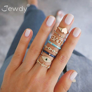 8 Pcs/ Set Bohemian Eye Love Heart Star Crystal Rings Set