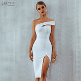 Bodycon Bandage White Black One Shoulder Midi Dress