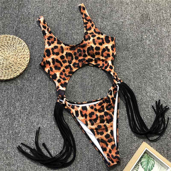 Leopard Tummy Cut Out Side Tassel 1pc Swimsuit