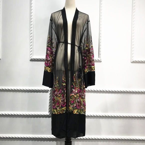 Floral Embroidery Chiffon Mesh Cardigan Robe