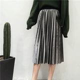 Long Metallic Silver Maxi Pleated Skirt