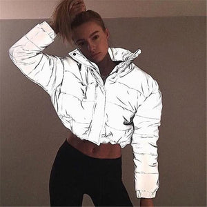 Over-sized Cotton Cropped Pullover Reflection Zipper Jacket