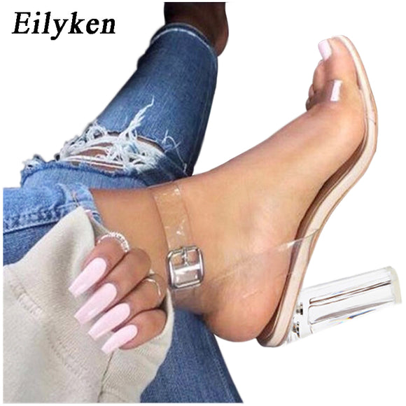 Eilyken PVC Jelly Transparent Crystal Leopard Open Toed High Heels