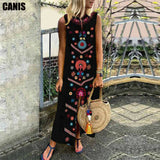 Floral Print Causal Boho Sleeveless Slit Maxi Dress