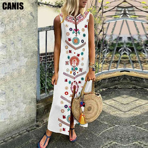 Floral Print Causal Boho Sleeveless Slit Maxi Dress