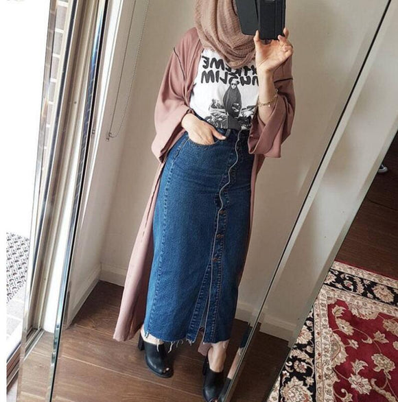 Long Button Open Jean Skirt