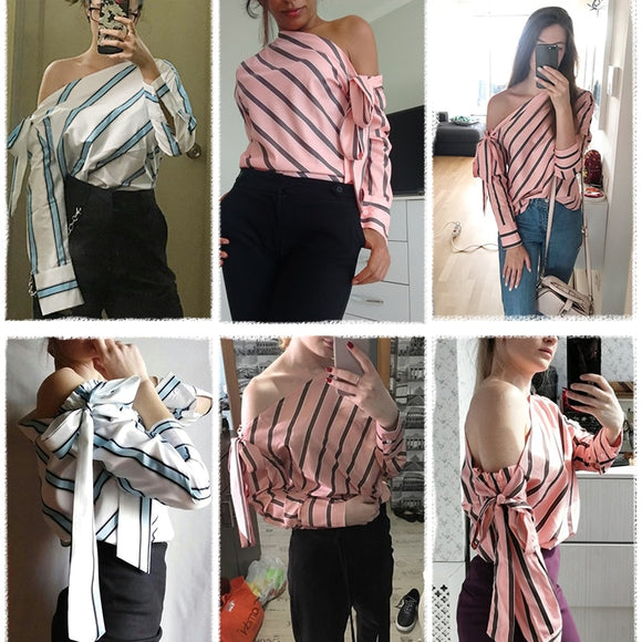 Striped Long Sleeve Bow Shirts Blouse