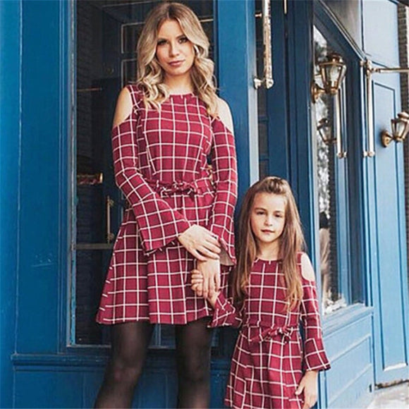 Family Matching Plaid Cold Shoulder Dress