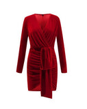 Velvet Deep V Neck Cross Bandage Long Sleeve Dress OMSJ-W