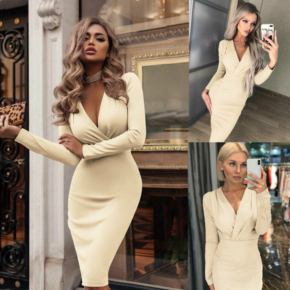 Long Sleeve Bandage Stretch Deep V Bodycon Dress