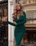 Long Sleeve Bandage Stretch Deep V Bodycon Dress